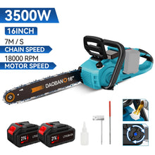 Packaging of 3500W cordless chainsaw kit with two batteries included