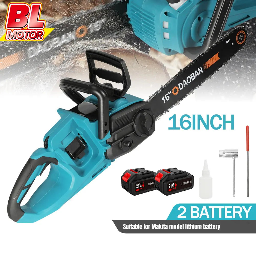 Blue and black cordless chainsaw lifestyle shot with 16 inch blade