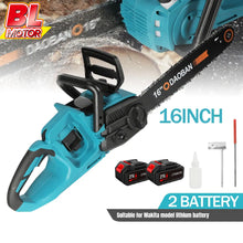 Blue and black cordless chainsaw lifestyle shot with 16 inch blade