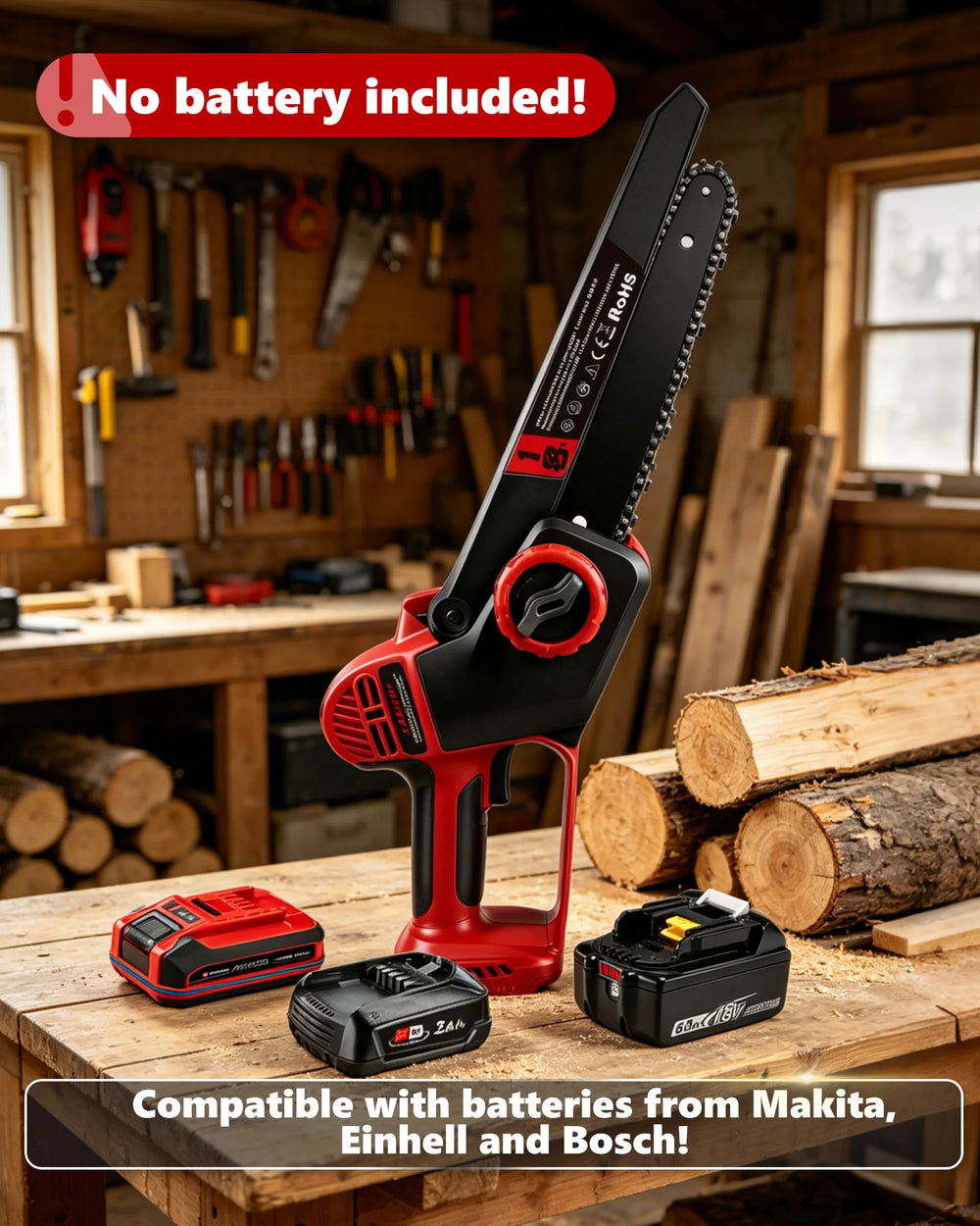 LADAMI mini chainsaw in workshop setting, red and black cordless tool lifestyle