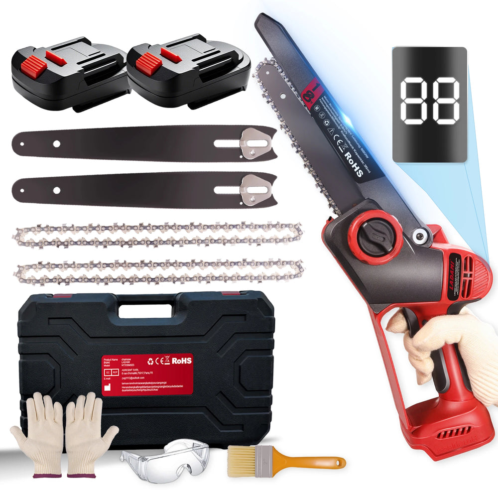 LADAMI mini chainsaw detail, red and black cordless tool lifestyle shot