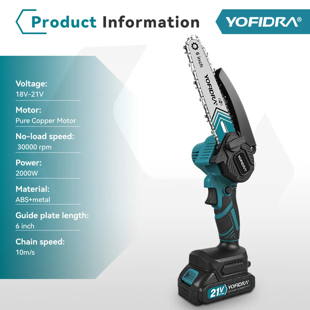 Yofidra chainsaw detail, ergonomic handle with battery included, black teal