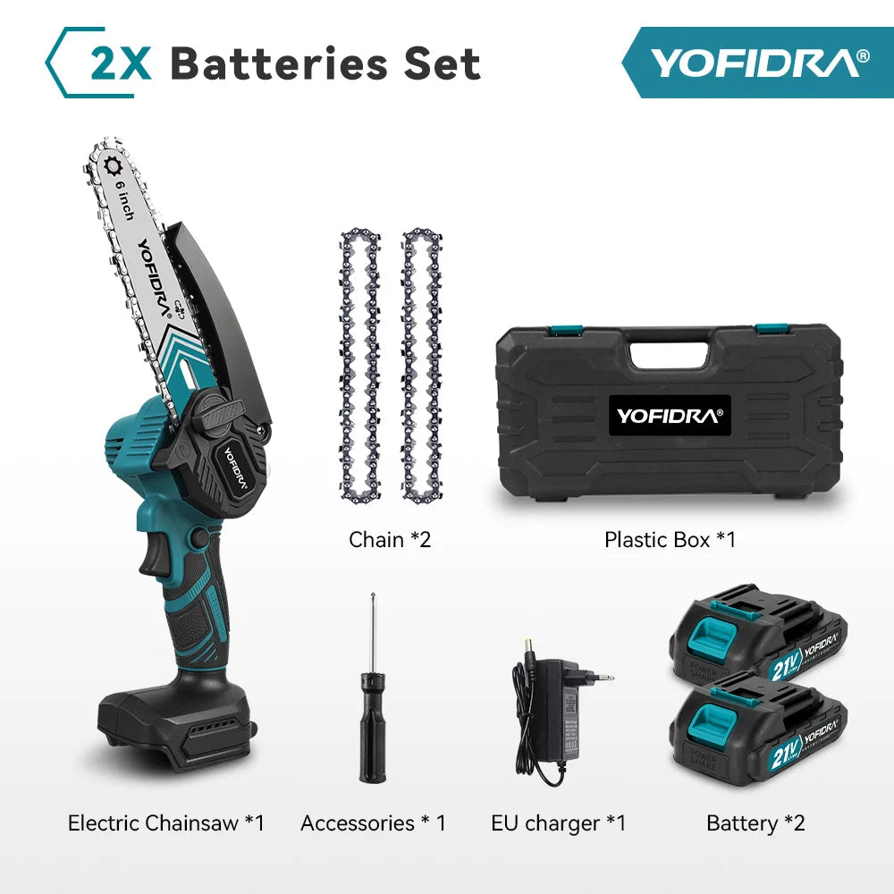 Yofidra chainsaw in action, cutting branches, multiple angles, turquoise black