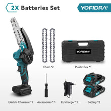 Yofidra chainsaw in action, cutting branches, multiple angles, turquoise black