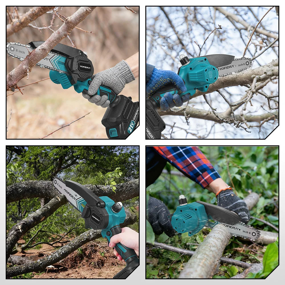 Yofidra chainsaw lifestyle use, pruning branches, turquoise black green