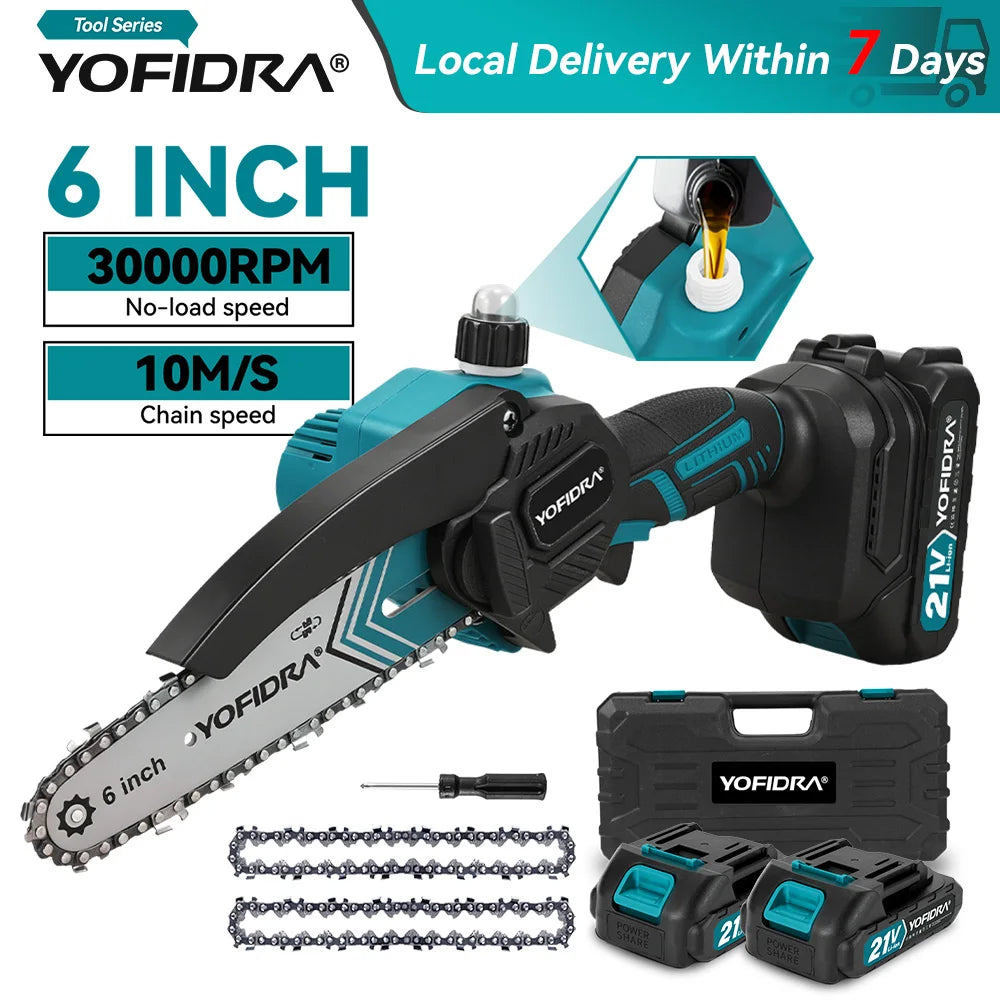 Yofidra 6 inch chainsaw packaging, black teal white box