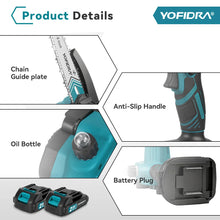 Yofidra chainsaw side view, battery pack and safety switch, black teal