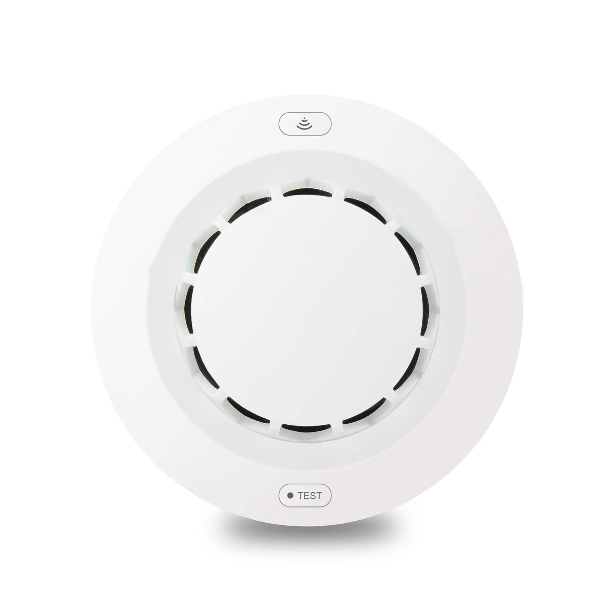 Front view of white smoke detector with circular safety design