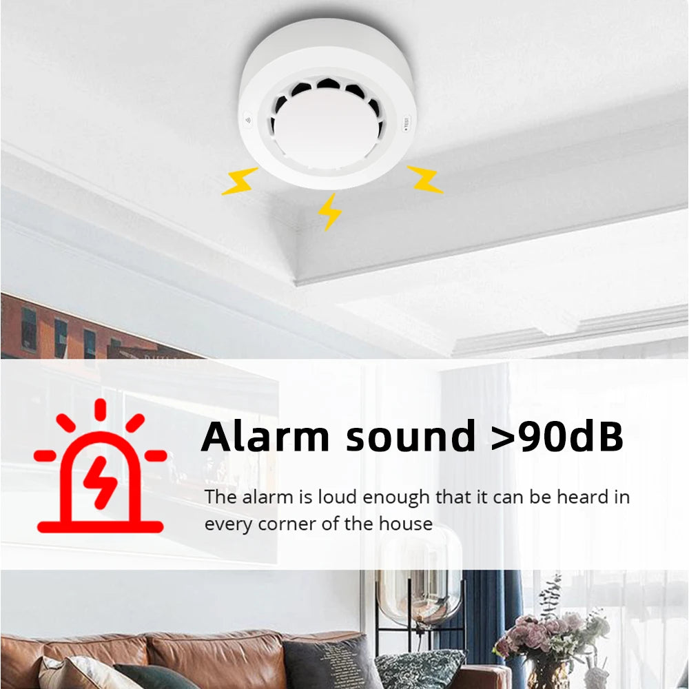 Smoke alarm lifestyle view, white detector with >90dB alarm