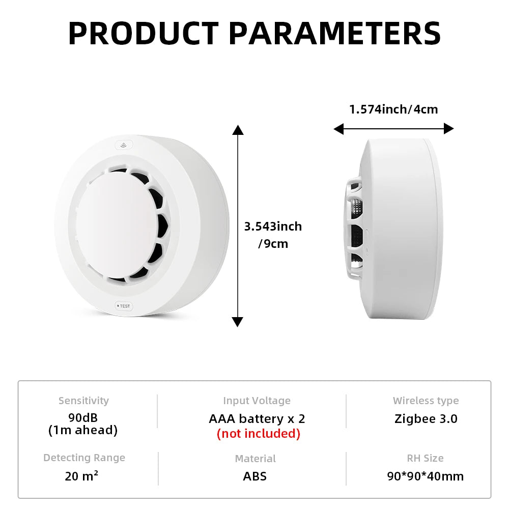 Smoke alarm parameters detail, white detector with control buttons