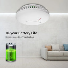 Lifestyle shot of smoke detector, 10-year battery life, modern design, white and green