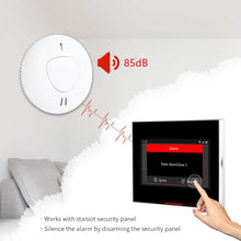 Lifestyle shot of smoke detector with alarm indicator, white body
