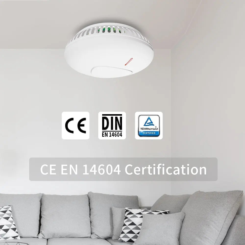 Lifestyle shot of CE-certified smoke detector with QR code, white body