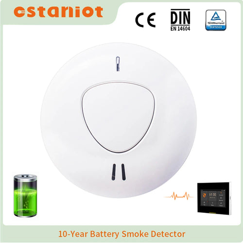 Smoke detector front view, white body, CE certified, battery operated