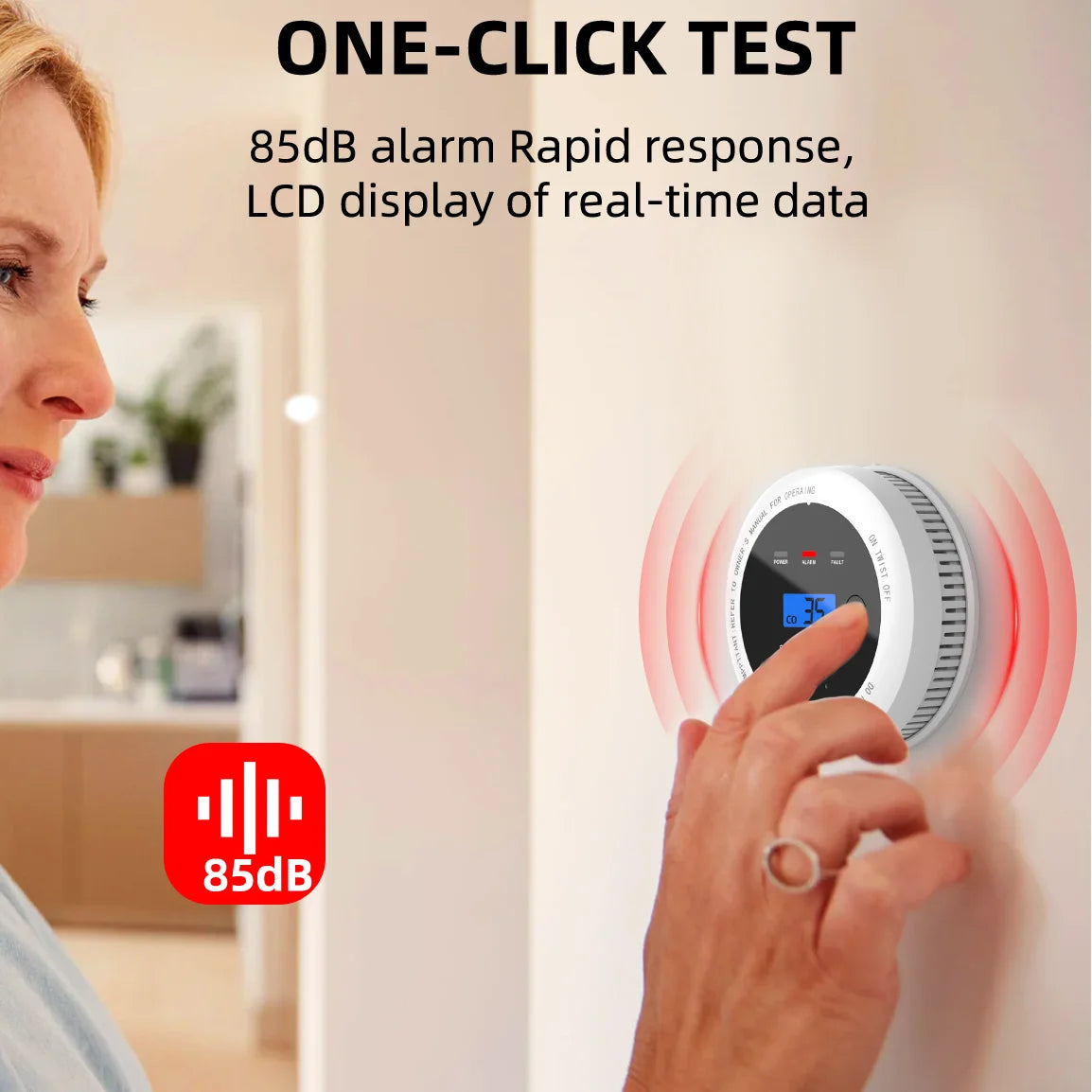 CPVan 2-in-1 smoke CO detector, close-up with LED display and one-click test