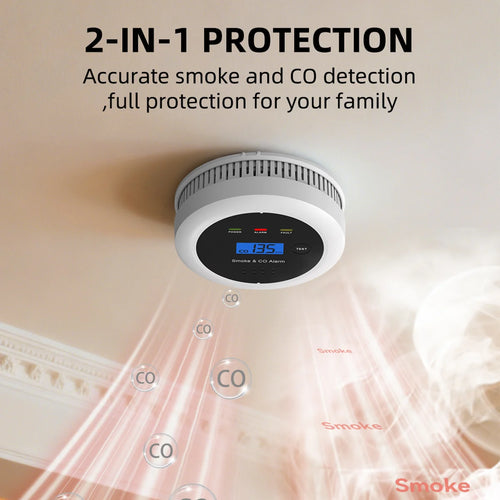 CPVan 2-in-1 smoke CO detector, front view in black and white on natural background
