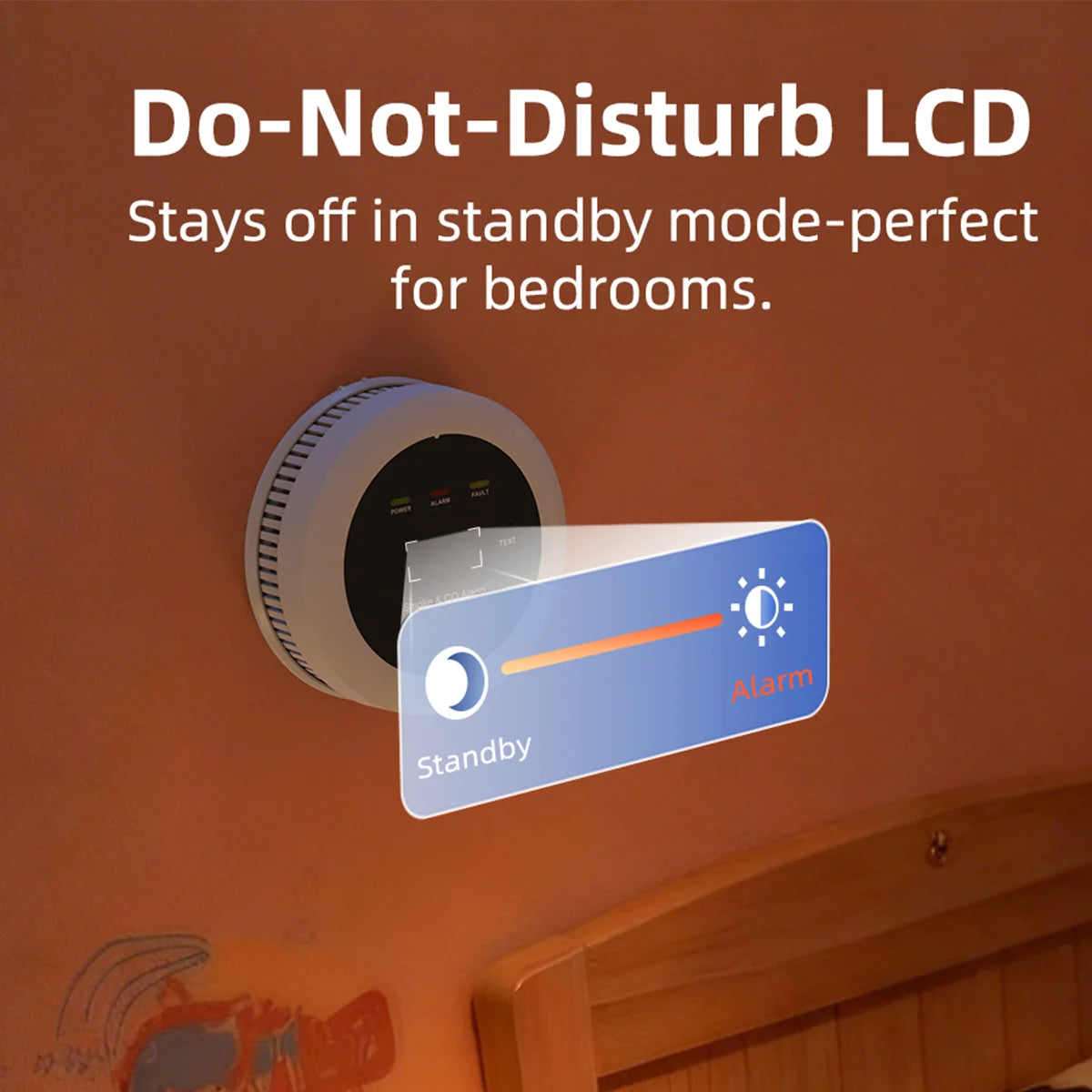 CPVan 2-in-1 smoke CO detector, front view with LCD standby and do-not-disturb