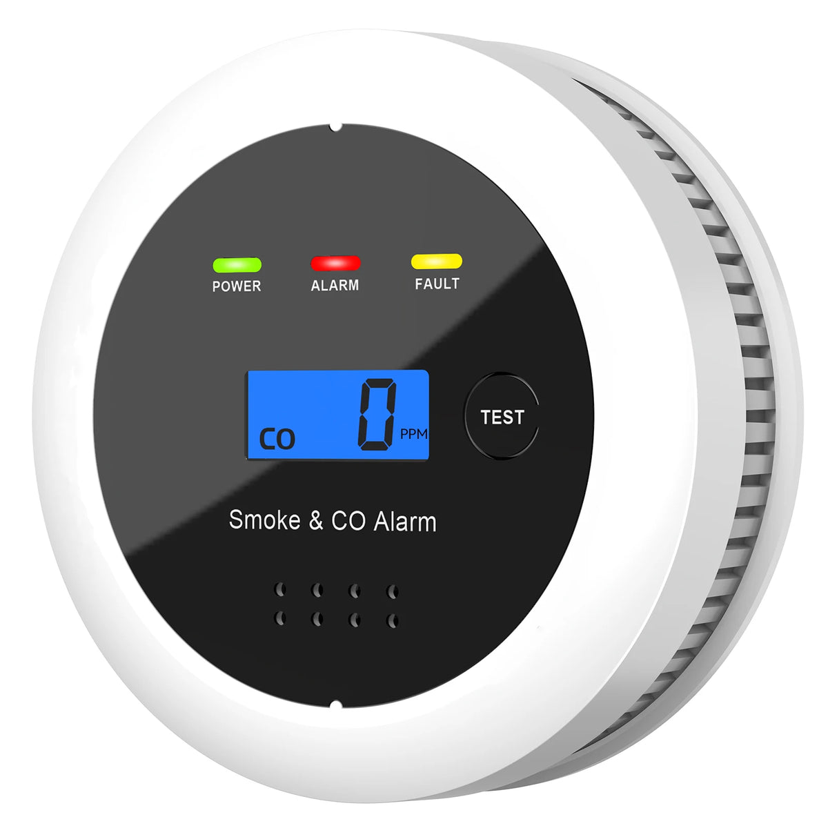 CPVan smoke CO detector, front view with LED display and indicator lights on white background