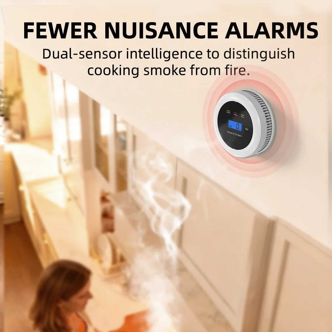 CPVan smoke detector, lifestyle dual-sensor unit in black and white