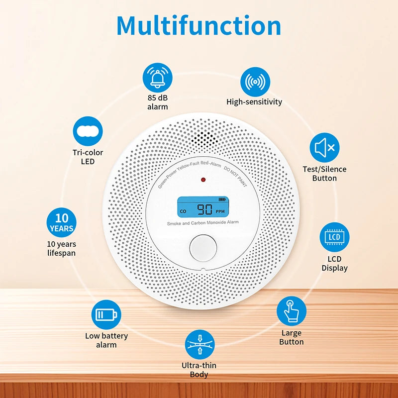 2 in 1 WiFi smoke CO detector detail close-up, digital display and functions