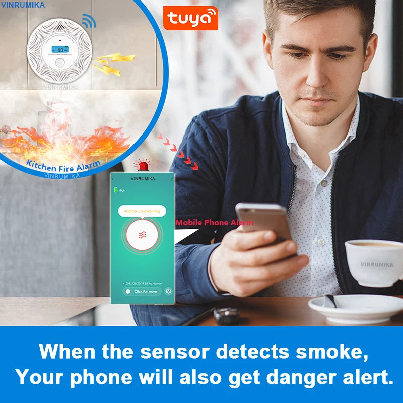 2 in 1 WiFi smoke CO detector lifestyle shot, man uses smartphone notification
