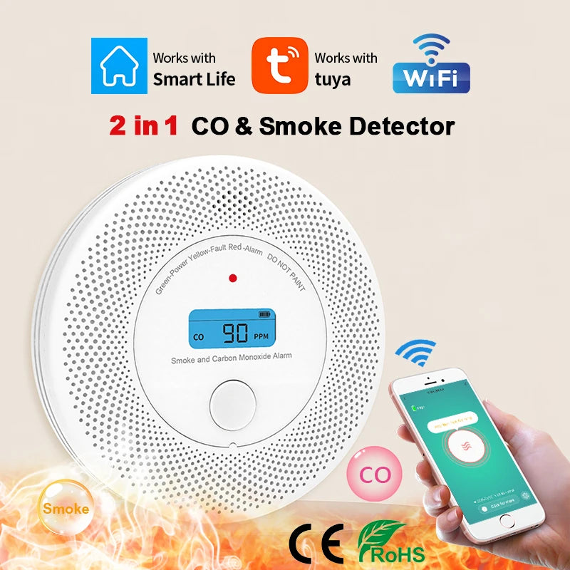 2 in 1 WiFi smoke CO detector packaging, white-blue-red device display