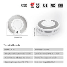 V-COME smoke detector close-up detail in white with wireless 10-year battery