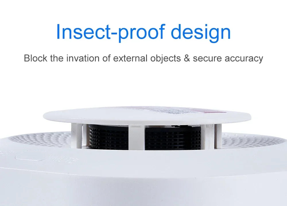 PGST wireless smoke detector close-up, white unit, insect-proof design
