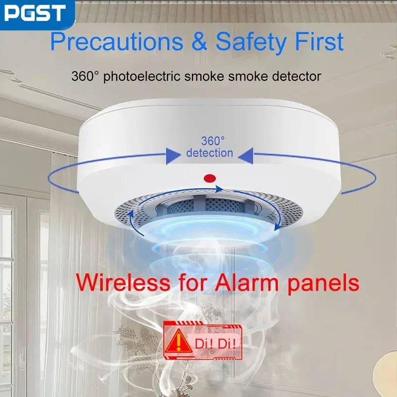 PGST wireless smoke detector packaging, white and red, wireless alarm panel