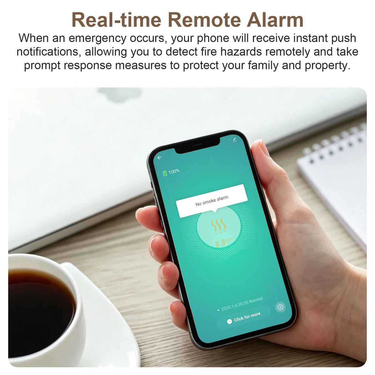 ZigBee WiFi smoke detector smartphone alert screen, real-time notifications