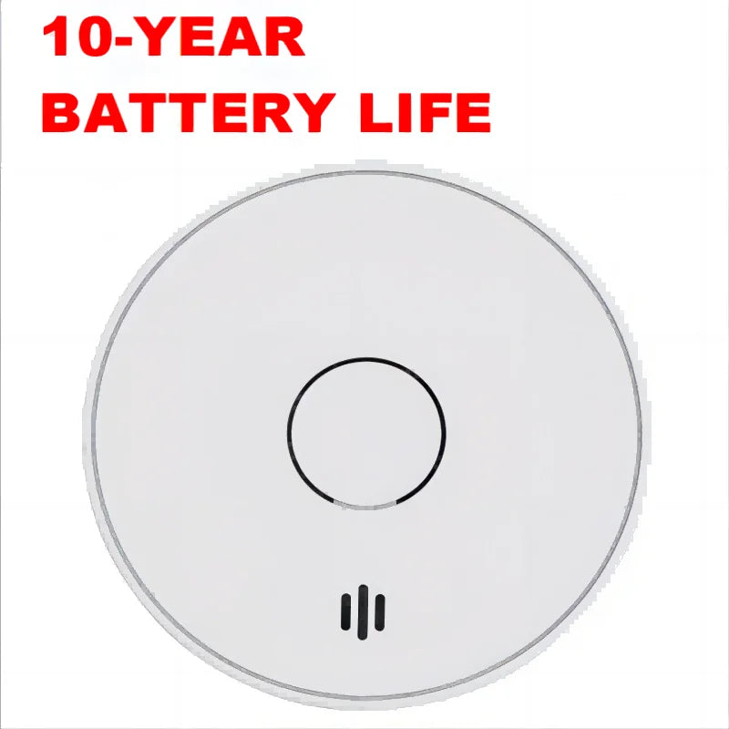 V-Come smoke alarm close-up detail showing 10-year battery life