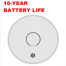 V-Come smoke alarm close-up detail showing 10-year battery life