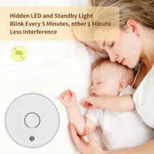 V-Come smoke detector close-up detail in white and yellow with test button