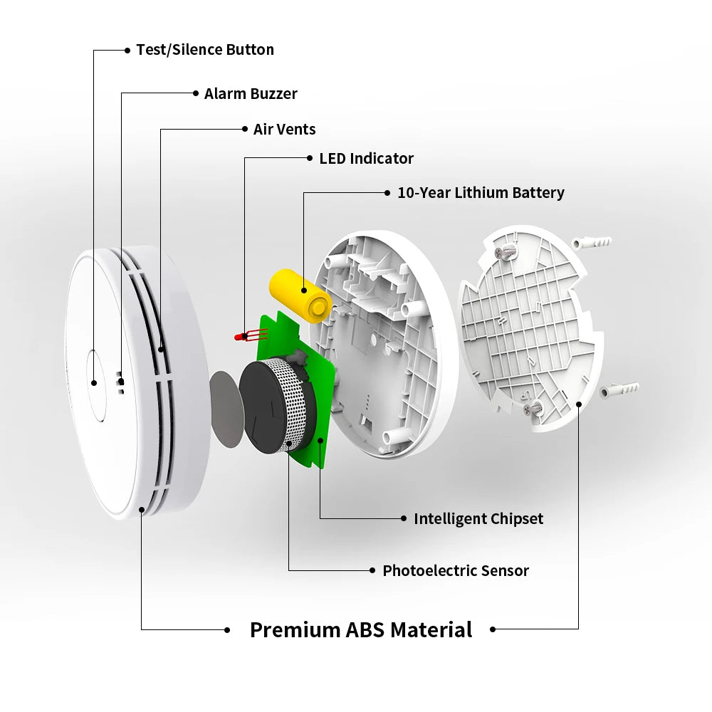 V-Come smoke detector components exploded view with white, green, and black parts