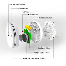 V-Come smoke detector components exploded view with white, green, and black parts
