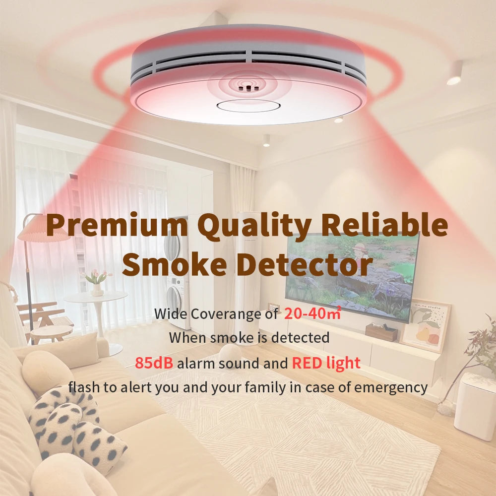 V-Come smoke detector lifestyle shot in white with reliable smoke detection theme