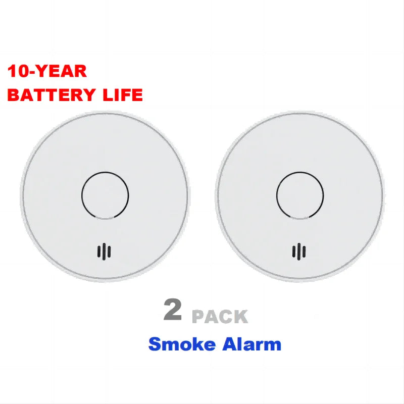 V-Come smoke alarms packaging close-up showing 10-year battery life, 2 pack