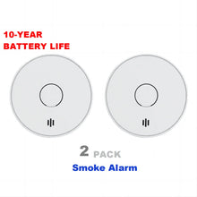 V-Come smoke alarms packaging close-up showing 10-year battery life, 2 pack