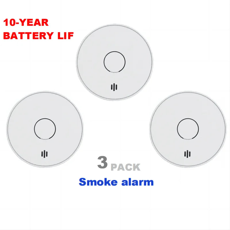 V-Come smoke alarms packaging close-up showing 10-year battery life, 3 pack