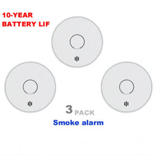 V-Come smoke alarms packaging close-up showing 10-year battery life, 3 pack