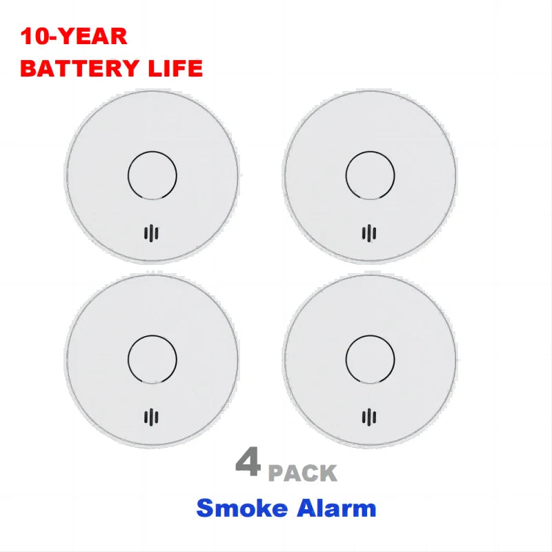 V-Come smoke alarms close-up detail showing 10-year battery life, 4 pack