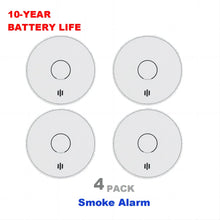 V-Come smoke alarms close-up detail showing 10-year battery life, 4 pack