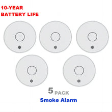 V-Come smoke alarms close-up detail showing 10-year battery life, 5 pack