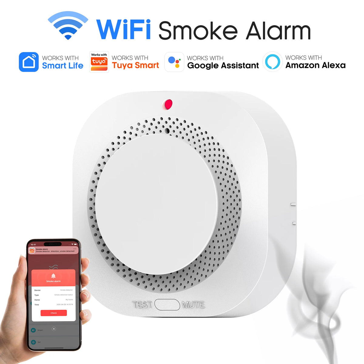 PGST WiFi smoke detector front view, white and red smart alarm