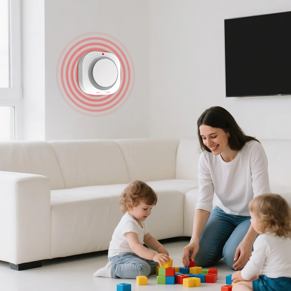 PGST WiFi smoke detector lifestyle, family setting with white and red alarm
