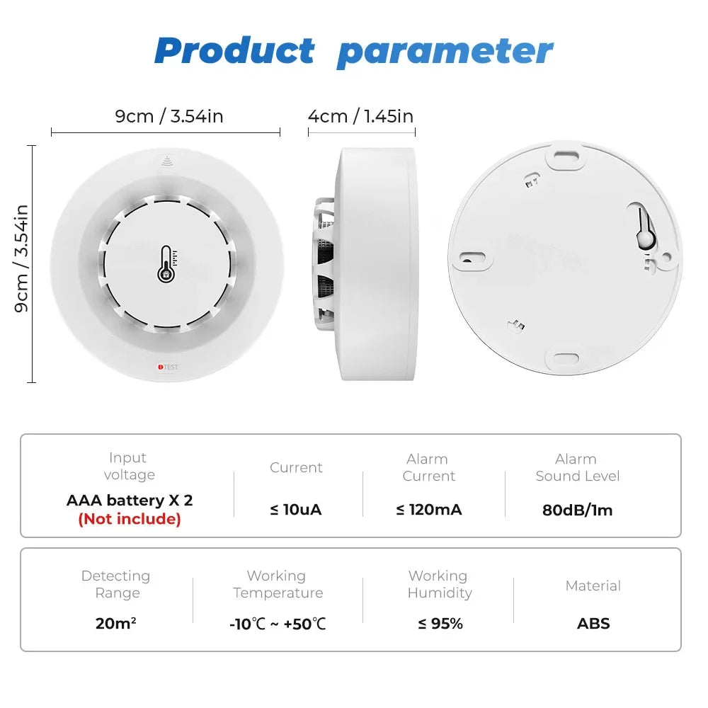 ONENUO white and blue smoke detector technical specifications image