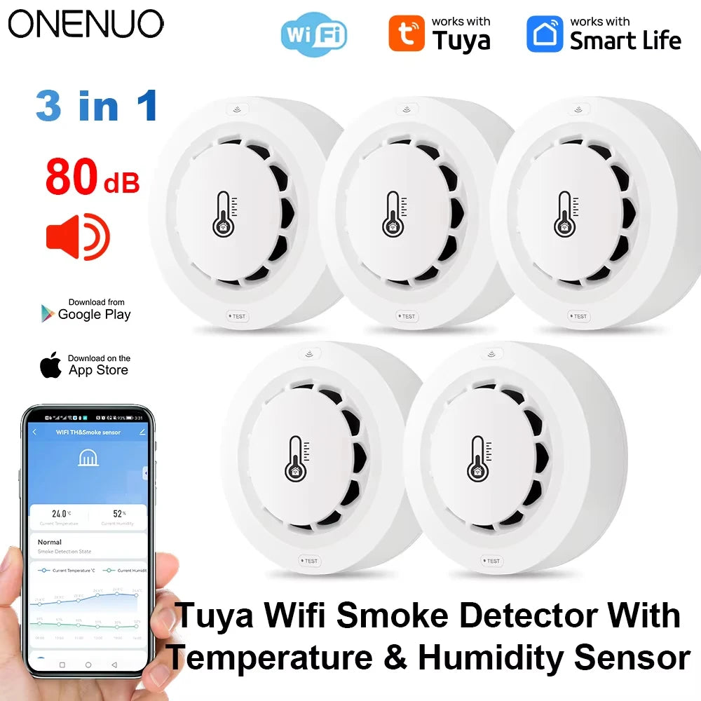 ONENUO white WiFi smoke detector front view, 3-in-1 temperature and humidity sensors