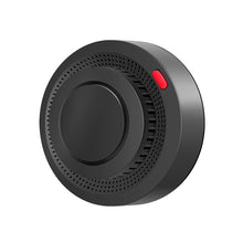 Tuya Smart WiFi Smoke Sensor side view, round black speaker with red accent