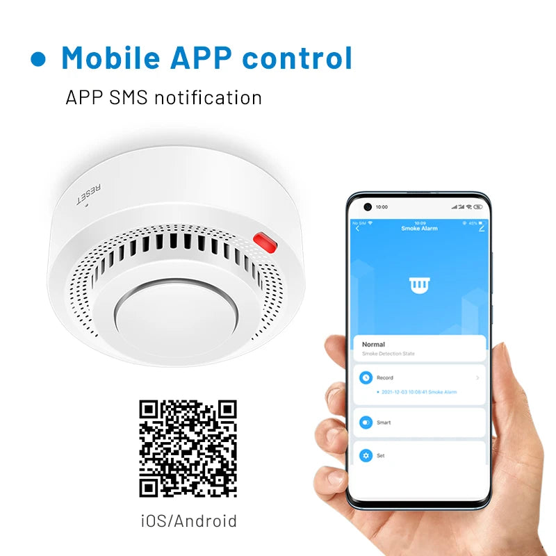 Tuya smoke detector lifestyle shot, white with mobile app control and QR code