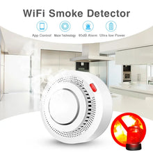 Tuya WiFi smoke detector close-up, white smartphone app control